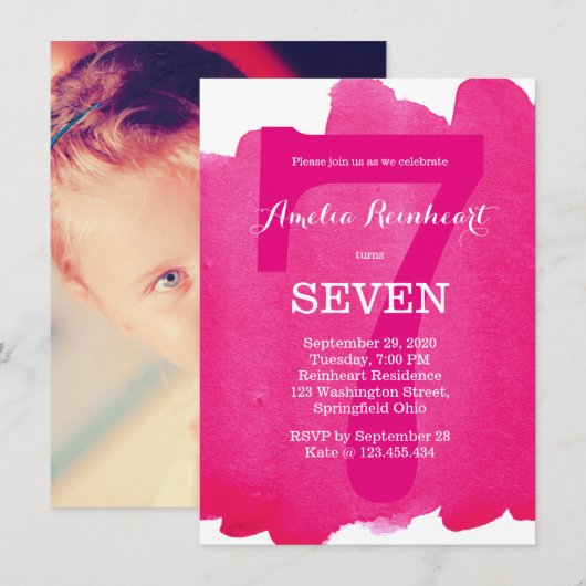7. Geburtstag Rosa Einladung (Vorne/Hinten)