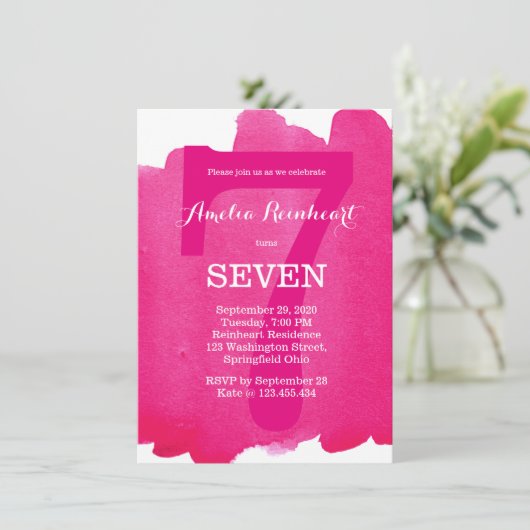 7. Geburtstag Rosa Einladung (Stehend Vorderseite)
