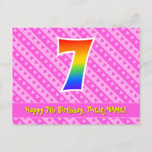 7. Geburtstag: Rosa Streifen & Herzen, Regenbogen  Postkarte