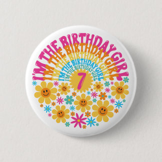 7. Geburtstag Shirt Niedliche Blume Siebtes Rosa Button