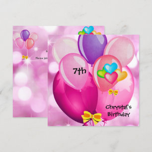 7. Geburtstagsfeier Rosa Gelbe Blaue Ballons Mädch Einladung