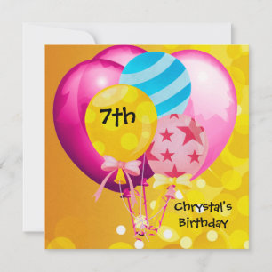 7. Geburtstagsfeier Rosa Gelbe Blaue Luftballons M Einladung