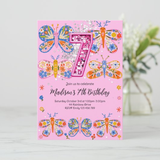 7. Geburtstagsschmetterling Einladung (Stehend Vorderseite)