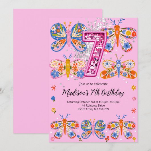 7. Geburtstagsschmetterling Einladung (Vorne/Hinten)