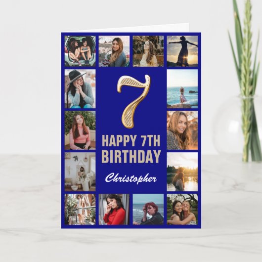 7. Happy Birthday Navy Blue & Gold Foto Collage Karte (Vorderseite)