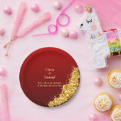 7" Names and Gold Flowers on Red Maroon Pappteller (Party)