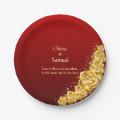 7" Names and Gold Flowers on Red Maroon Pappteller (Vorderseite)