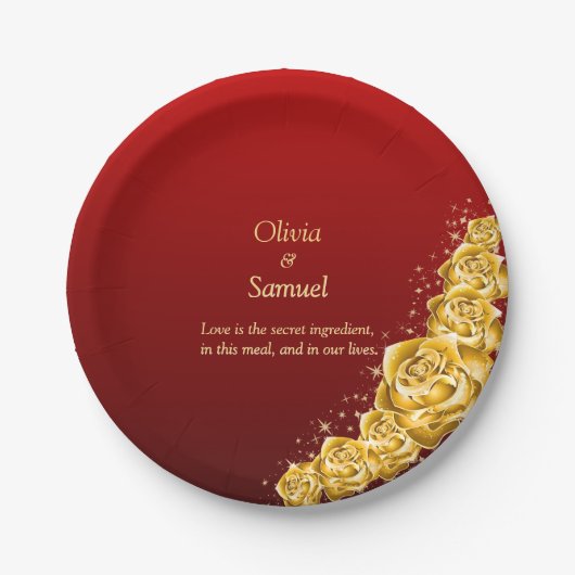 7" Names and Gold Flowers on Red Maroon  Pappteller (Vorderseite)