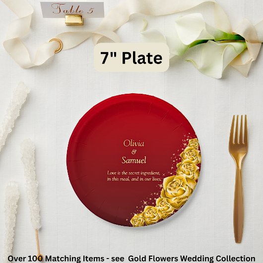 7" Names and Gold Flowers on Red Maroon Pappteller