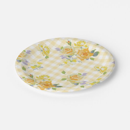 7" Papierplatte in Anja buttercup Gingham Pappteller (Schrägansicht)