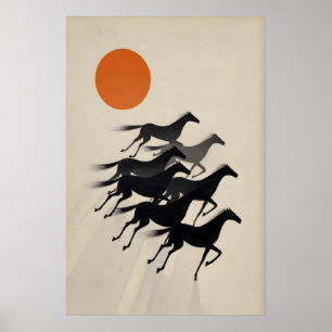 7 Pferde Wandkunst Minimalistische schwarze Silhou Poster