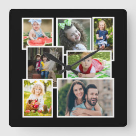 7 Photo Collage Black Create Your Own Quadratische Wanduhr