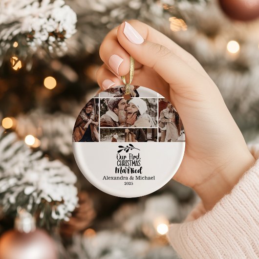 7 Photo Minimialist Our First Christmas Married Keramik Ornament