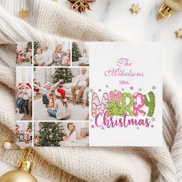 7 Photo Pink Green Bow Tree Merry Christmas Feiertagskarte