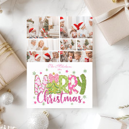 7 Photo Pink Green Bow Tree Merry Christmas Feiertagskarte