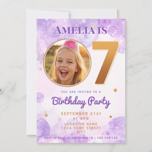 7 Purple Gold Star Bubbles Birthday Invitation Einladung (Vorderseite)