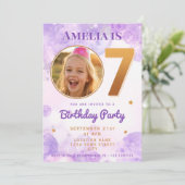7 Purple Gold Star Bubbles Birthday Invitation Einladung (Stehend Vorderseite)