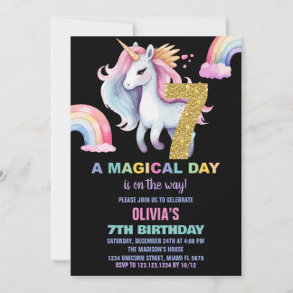 7. Rainbow Unicorn Geburtstag Einladung Wassercolo