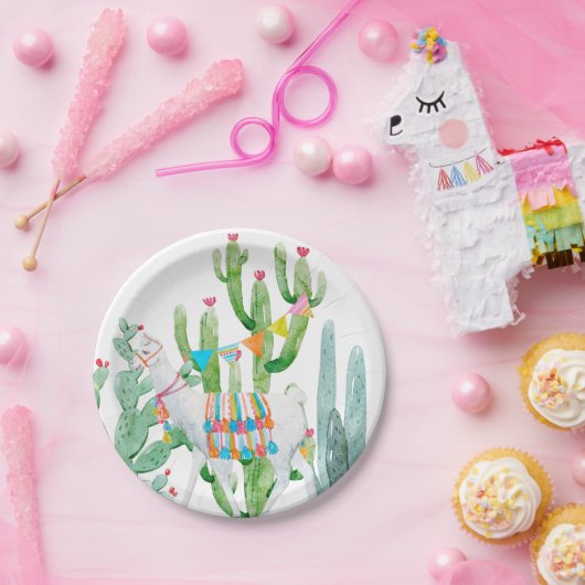 7" Round Paper Plate Boho Llama Bohemisch Cacti De Pappteller (Party)