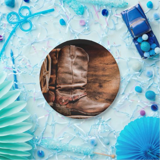 7" Rundpapierplatte Cowboy Stiefel Barnholz Rustik Pappteller (Party)