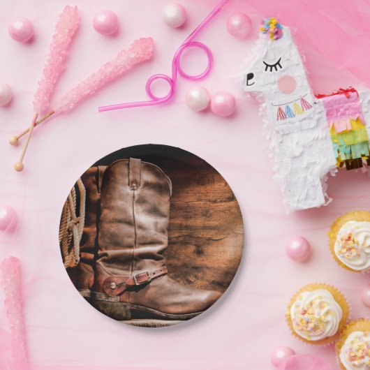 7" Rundpapierplatte Cowboy Stiefel Barnholz Rustik Pappteller (Party)