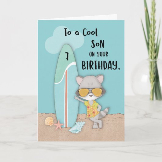 7 Son Birthday Beach Funny Cool Raccoon Karte (Vorderseite)