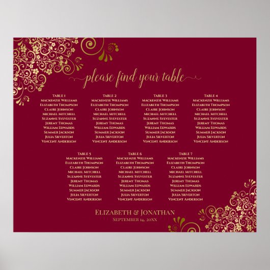 7 Tabelle Burgundy & Gold Hochzeitskarte Poster (Vorne)