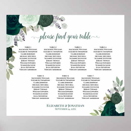 7 Tabelle Emerald Green Floral Wedding Chart Poster (Vorne)