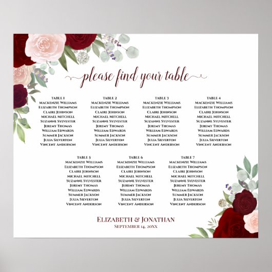 7 Tabelle Rose Rot und Blüte Sitzdiagramm Poster (Vorne)
