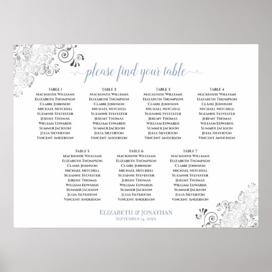 7 Tabelle Weiß & Blau Frilly Wedding Seating Chart Poster (Vorne)