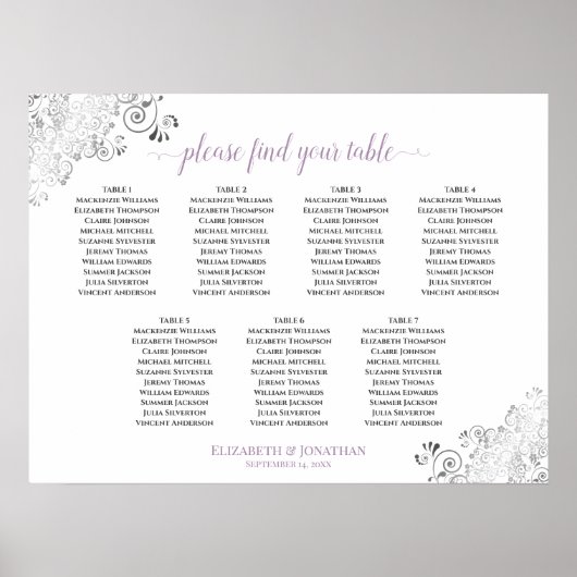 7 Tabelle White & Lavender Wedding Seating Chart Poster (Vorne)