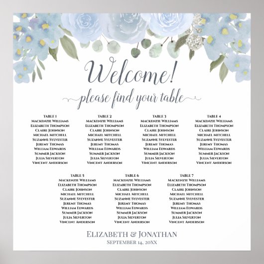 7 Table Dusty Blue Boho Chic Rose Sitzplan Poster (Vorne)