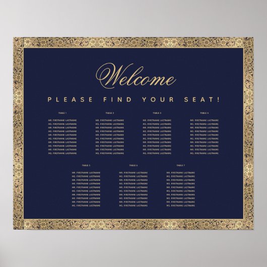 7 Table Navy Blue Gold Rose Script Seekarte Poster (Vorne)