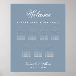7 Tables Dusty Blue Wedding Script Seating Chart Poster