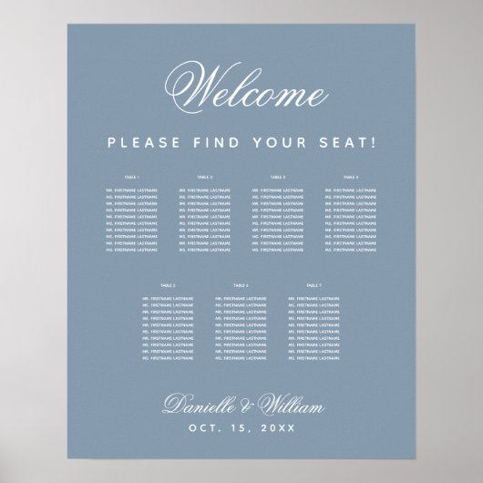 7 Tables Dusty Blue Wedding Script Seating Chart Poster (Vorne)