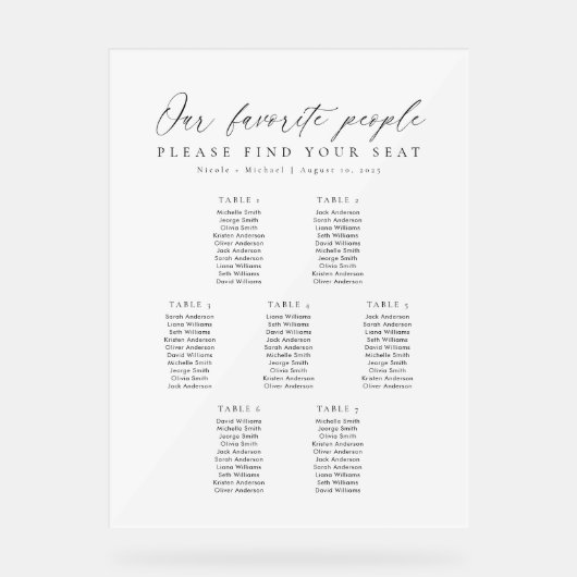 7 Tables Favorite People Acrylic Seating Chart Acrylschild (Vorderseite)