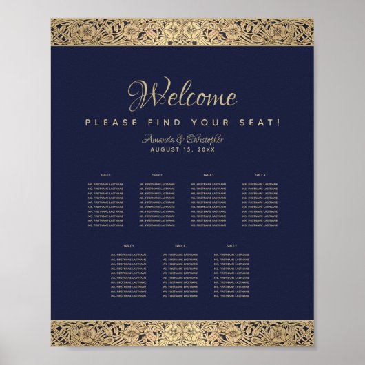 7 Tables Navy Blue Wedding Chart Gold Rose Poster (Vorne)