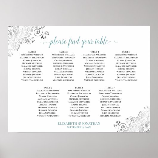 7 Tafelweiße und Aquamarine Frily Wedding Seating  Poster (Vorne)