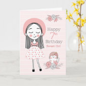 7th Birthday Little Girl and Cat in Pink White Karte (Gelbe Blume)