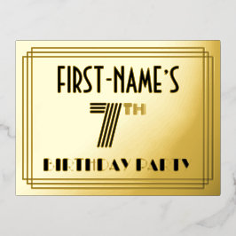 7th Birthday Party ~ Art Deco Style “7” + Name Folie Einladungspostkarte