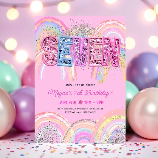 7th Birthday Rainbow Invitation Einladung