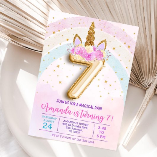 7th birthday unicorn invitation, Editable seventh  Einladung