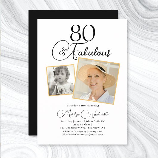 80 and Fabulous 80th Birthday Black Script Photo Einladung