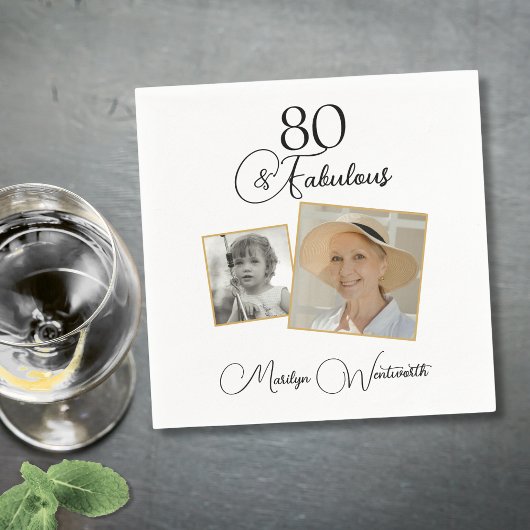 80 and Fabulous 80th Birthday Black Script Photo Serviette