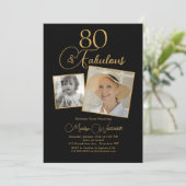 80 and Fabulous 80th Birthday Gold Script 2 Photo Einladung (Stehend Vorderseite)