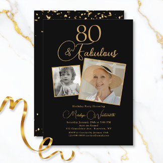 80 and Fabulous 80th Birthday Gold Script 2 Photo Einladung