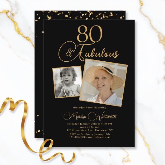 80 and Fabulous 80th Birthday Gold Script 2 Photo Einladung