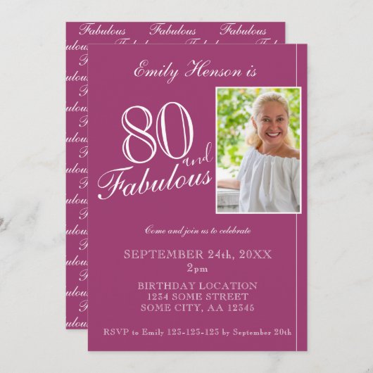80 and Fabulous Elegant Purple Photo Birthday Einladung (Vorne/Hinten)