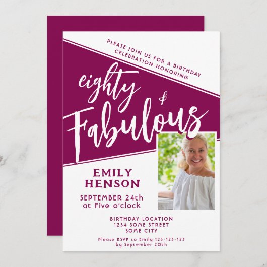 80 and Fabulous Script Magenta Photo 80th Birthday Einladung (Vorne/Hinten)
