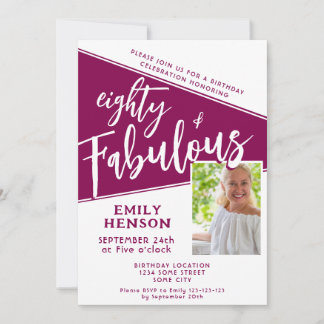 80 and Fabulous Script Magenta Photo 80th Birthday Einladung